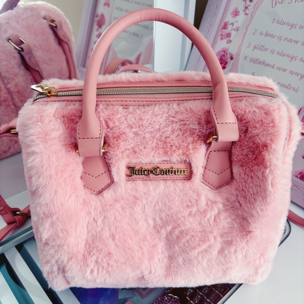 Juicy Couture Pink Faux Fur Satchel with Gold Hardware